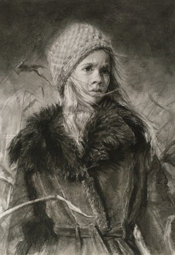 houtskool tekening vrouw winter