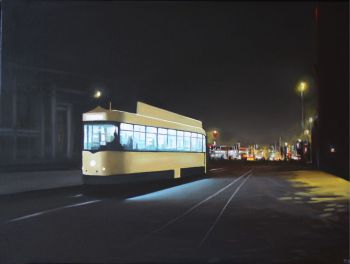 realistisch acrylverf Schilderij tram Antwerpen